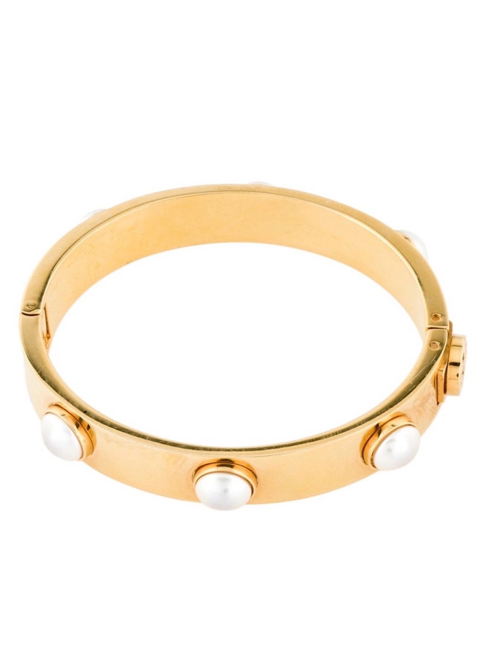 Tory Burch Faux Pearl Hinged Bangle Bracelet Gold Tone Cuff Bracelet